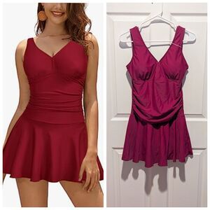 SHEKINI Size Medium Wine V Neck One Piece Ruched Retro Swimdress Bathing Suit